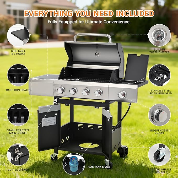 Upgraded 51,000 BTU Stainless Steel Burner Barbecue Grill, 4 Burner BBQ Propane Gas Grill with Side Burner, 452 sq.in Cooking Area with Porcelain for Patio, Camping, Outdoor Cooking