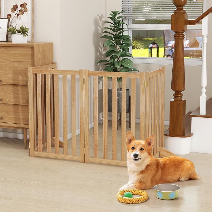 30" Height Tall Freestanding Pet Gate, Solid Wood Folding Safety Fence Wooden Dog Gate with 2 PCs Support Feet Ideal for Stairs, Doorways, Halls, Kitchens, Heavy Duty Gates, 4 Panels, Oak