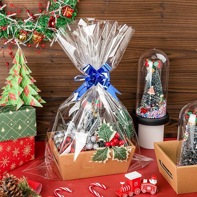 Fainne 74 Pcs Baskets for Gifts Empty Bulk DIY Empty Gift Basket Include 20 Kraft Cardboard Tray with Handles 30 Bags 24 Bows for Christmas Thanksgiving Birthdays Snacks Party, 8" x 6" x 3"(Brown)