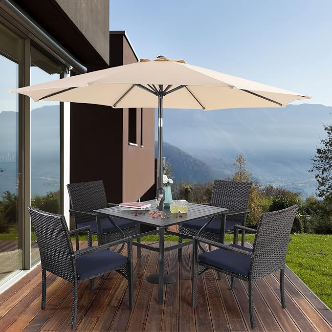 Sophia & William 5 Pieces Patio Dining Set with 9 ft Beige Patio Umbrella, Outdoor PE Rattan Chairs and Square Metal Table Set with Cushions and 1.57" Umbrella Hole for Porch Poolside Backyard