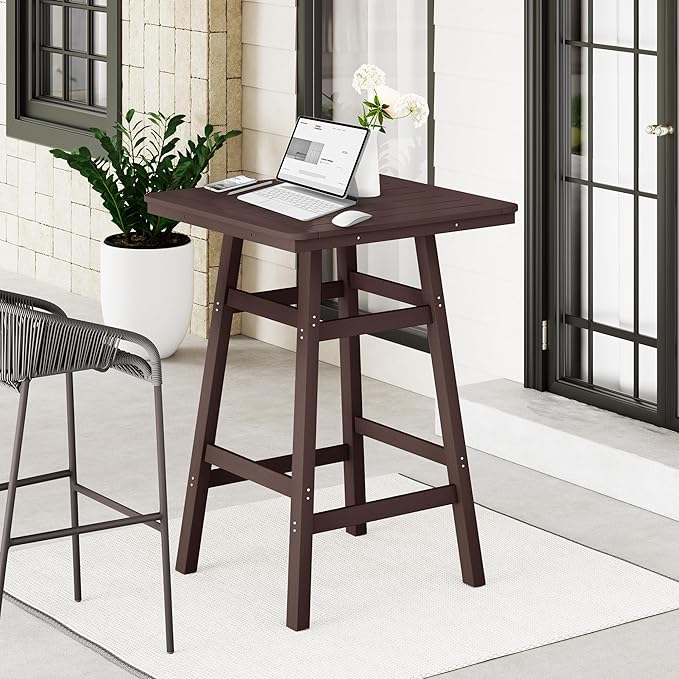 Costaelm Outdoor Bar Table, 42" Counter Height Square Patio Cocktail Bar Table with Umbrella Hole, Patio Bistro Dining Pub Table for Front Porch Deck Backyard Garden, Dark Brown