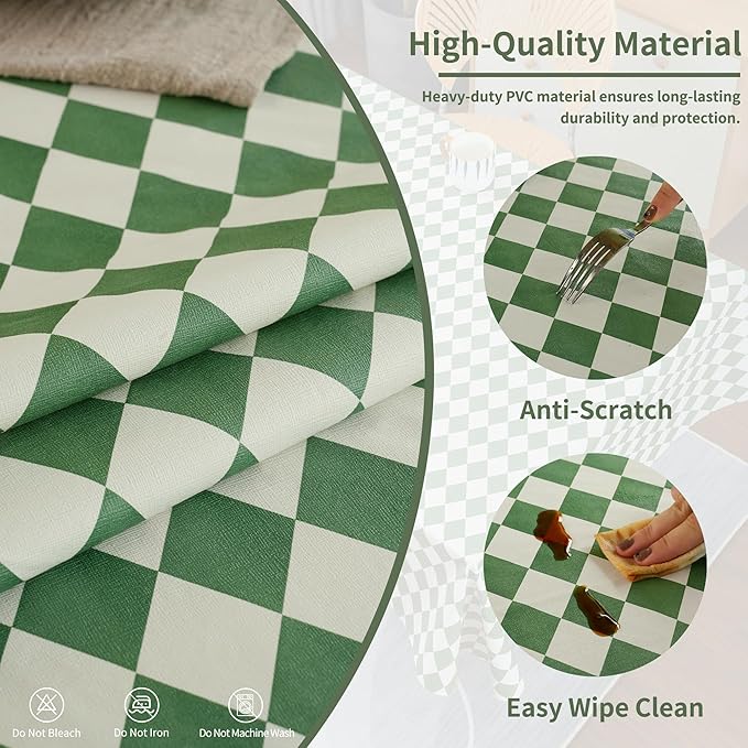 Rectangle Table Cloth,100% Waterproof Tablecloth Oil Proof Spill Proof Vinyl Table Cloth, Wipe Clean Plastic Table Cover for Dining, Camping, Indoor and Outdoor 54" x 120",Green Checkered