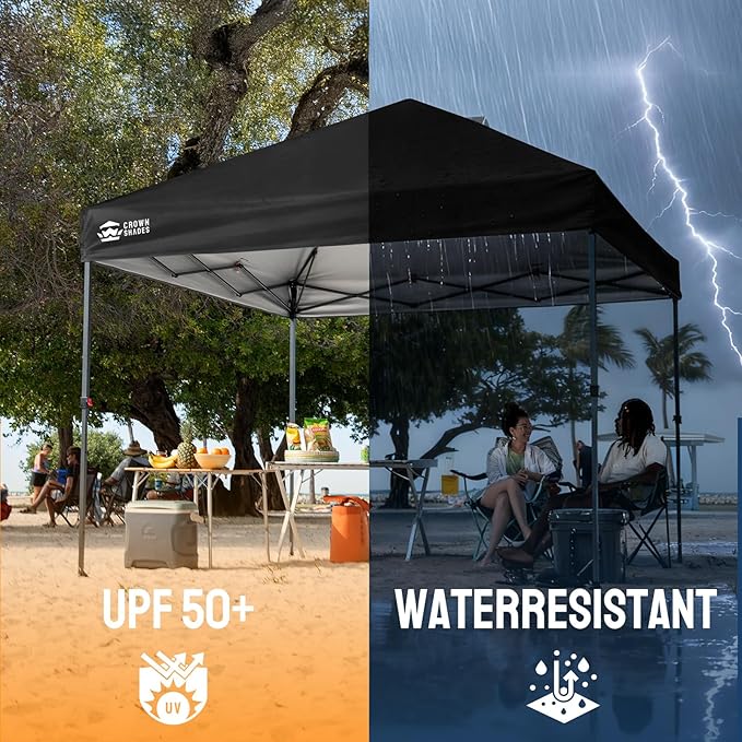 CROWN SHADES 10x10 Pop Up Canopy Tent - Patented Center Lock One Push Instant Outdoor Canopy Beach Tent with STO-N-Go Bag 8 Stakes & 4 Sand Bags，Black