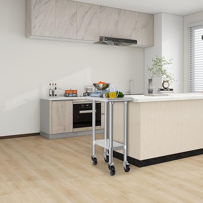 HARDURA Stainless Steel Commercial Table Prep & Work Table with Casters Heavy Duty Metal Table with Wheels NSF 430 24×12 Inches