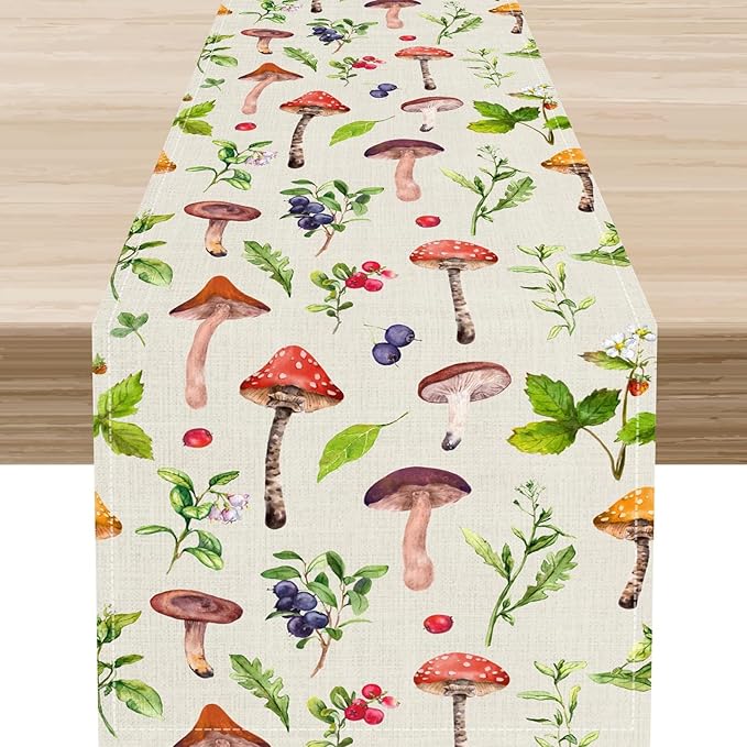 Mushroom Table Runner, Rustic Farmhouse Forest Plants Botanical Wildfloral Coffee Table Center Decor for Home Kitchen Dining Patio Holiday Party Indoor Outdoor Table Decorations, 13"x90" Inch