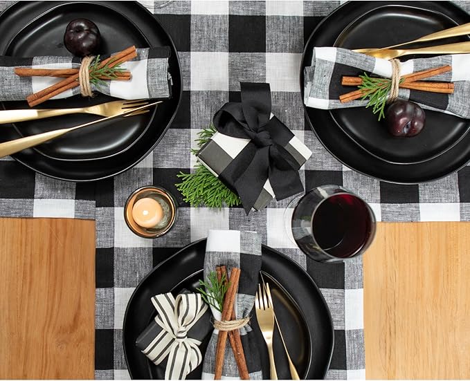 Solino Home Linen Checkered Table Runners 90 Inches Long - 100% Pure Linen Black and White Buffalo Check Table Runner 14 x 90 Inch Ideal for Dining