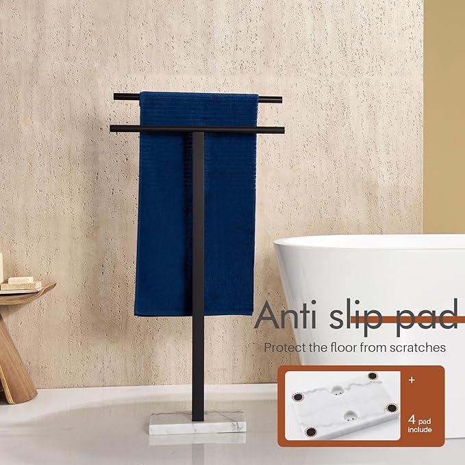 KOKOSIRI Free Standing Towel Racks Matte Black 2-Tier Towel Holder for Bathroom Floor Stand with Heavy Marble Base Thicken Steady Design Stainless Steel THS0005-BK