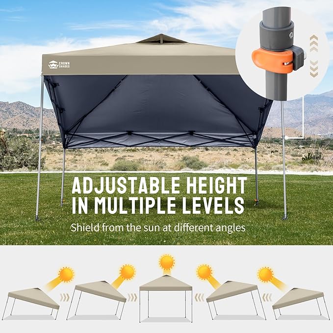 CROWN SHADES Adjustable Height on The Fly, 10x10 Pop Up Canopy - Beach Tent with One Push Setup - Easy Outdoor Sun Shade for Events, Parties, Camping - Outside Shade with STO-N-Go Bag, Khaki