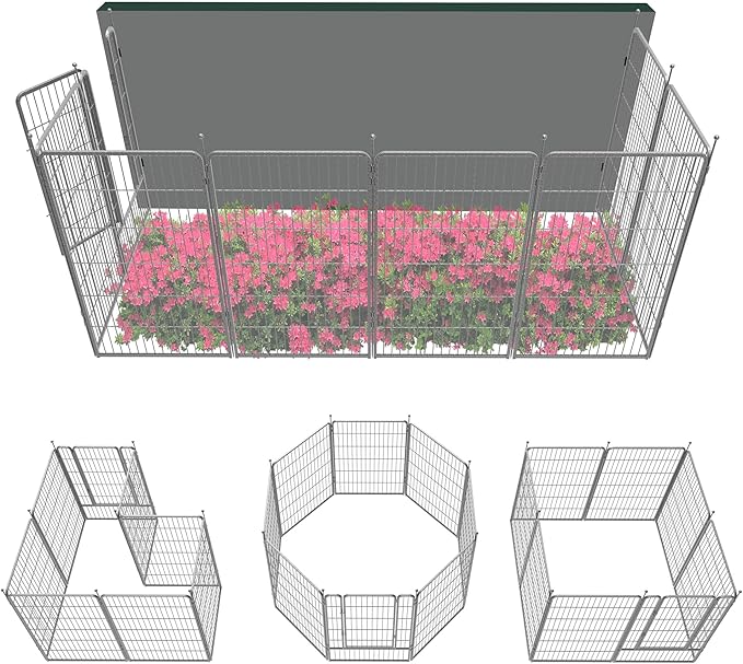FXW Garden Fence Outdoor for The Yard – 45in(H) x 18.2ft(L) Heavy Duty Metal Animal Barrier for Dog and Rabbit, Decorative Dog Fence, 8 Panels, Silver