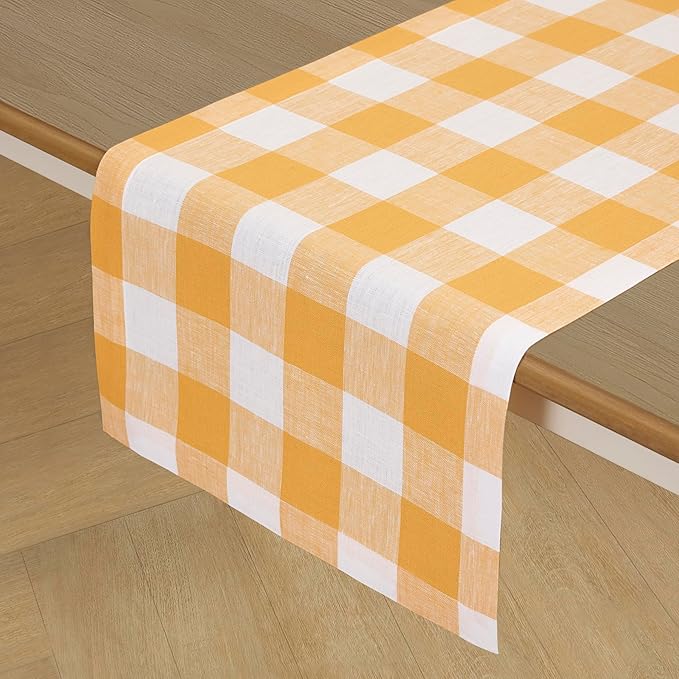 Solino Home Linen Checkered Table Runner 36 Inches - 100% Pure Linen Mustard and White Buffalo Check Table Runner 14 x 36 Inch Ideal for Dresser and Coffee Tables, Spring, Easter