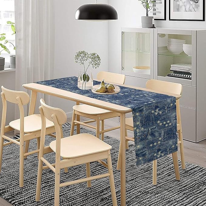 Patchwork Table Runner, Vintage Romance Jeans Pentagram Splicing Print Table Runner for Kitchen Dining Picnic Coffee Home 13x90in