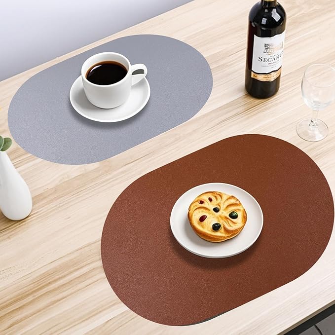 Waterproof Placemats Set of 6 Oval,Reversible Faux Leather Placemat Heat Resistant,Anti Slip Washable Table Placemats for Dining Table,Modern Table Protectors(Brown and Grey)