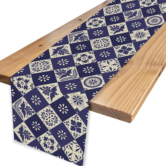 Floral Birds Mexican Table Runner, Blue Mexico Talavera Ceramic Tiles Cinco De Mayo Azulejo Coffee Table Center Decor for Family Kitchen and Dining Patio Indoor Outdoor Table Decorations, 13" X 72"