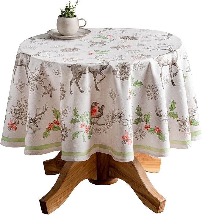 Maison d' Hermine Table Cloth Round Table 100% Cotton 63 Inches Fall Tablecloth Reusable Everyday Use for Thanksgiving Christmas Decorations Dining Farmhouse Party (Christmas Dew)