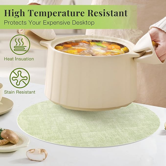 13-Inch Faux Leather Round Placemats Set of 4, Waterproof Anti-Slip Dual Sided Place mats, Heat Resistant Washable Table Mats with Coaster, Suitable for Indoor & Outdoor (4, Black Light Green)