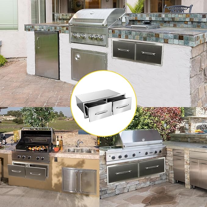 Outdoor Kitchen Drawers 30" W x 10" H x 20" D Flush Mount Horizontal Double Drawers with Chrome Handle,Stainless Steel Built-in BBQ Drawer for Outdoor Kitchen Island, Patio Grill Station