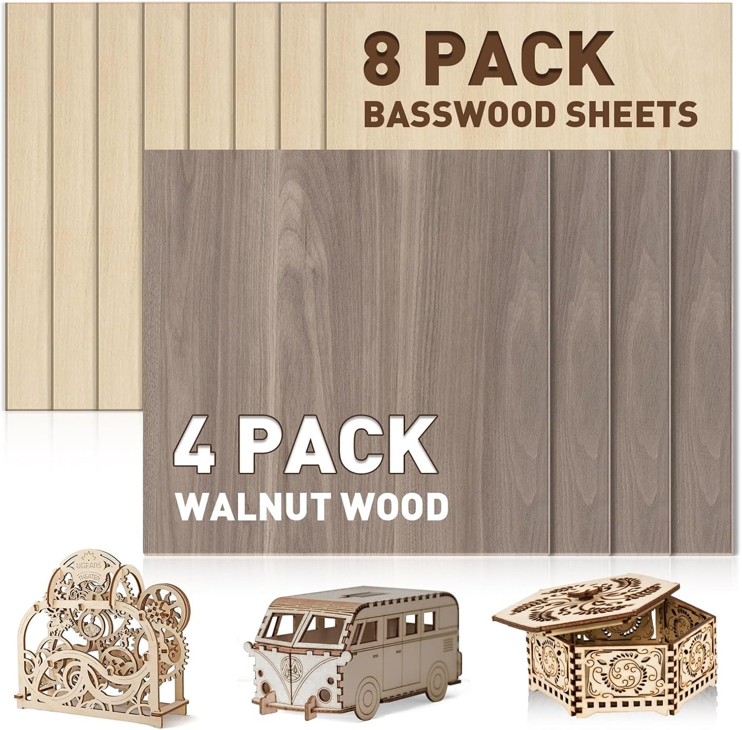 12 Pack 3mm Plywood Sheets Set for Crafts,Contains 4 Pack Walnut and 8 Pack Basswood Sheets.12x12x1/8 Inch Unfinished Wood for Laser Cutting & Engraving, Wood Burning, Architectural Models.