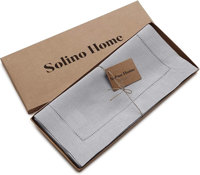 Solino Home Linen Soft Grey Table Runner 48 Inches - Classic Hemstitch, 100% Pure Linen Coffee Table Runner 14 x 48 Inch Ideal for Dresser Tables - Winter, Spring, Easter