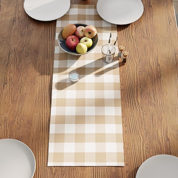 Encasa XO Cotton Dining Table Runner | Buffalo Beige Checks | Size 13x36 in - Machine Washable & Durable