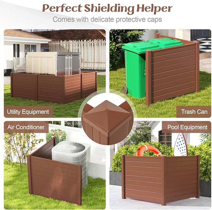 Giantex 2 Panels Air Conditioner Fence, 48''W x 36''H Outdoor Privacy Screen with 3 Stakes, Decorative Trash Can Enclosure, PVC Vinyl Freestanding Fences for Garden Lawn AC Unit Pool Pump, Brown