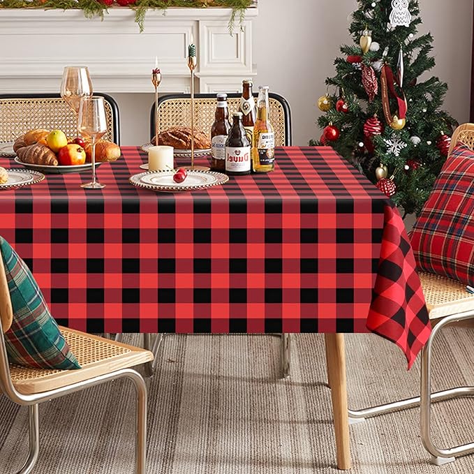Softalker Gingham Checkered Tablecloth Rectangle - Outdoor Waterproof Buffalo Plaid Table Cloth, Stain Resistant Washable Table Cover for Picnic, Camping, Dining - Red and Black, 54 x 120 Inch