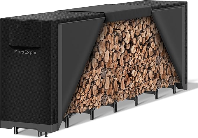 12ft Firewood Log Rack with Cover Outdoor, Heavy Duty Indoor Outdoor Firewood Storage Log Rack with Cover Combo Set Black