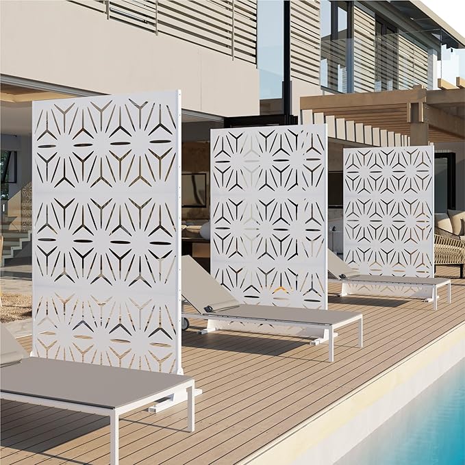 Heavy-Duty Outdoor Privacy Screen for Patio, Balcony, Backyard - 72" H * 44" W Metal Room Divider with Modern Geometric Pattern, Anti-Tipping Kit, Weather Resistant, Easy Assembly (White-SJX)