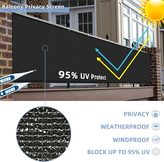 3'x10'Balcony Privacy Screen Cover Fence Cover UV Protection Weatherproof Windscreen Heavy Duty for Patio, Backyard,Black