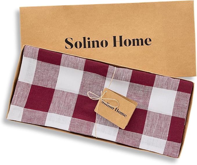 Solino Home Checkered Table Runner 108 Inches Long - 100% Pure Linen Burgundy and White Buffalo Check Table Runner 14 x 108 Inch Ideal for Dining, Valentines