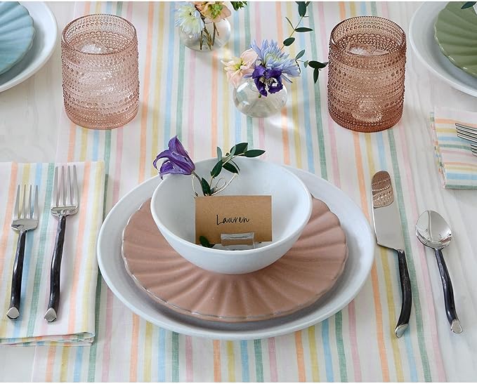 Solino Home Linen Table Runner 156 Inches Long - Julia, 100% Pure Linen Multicolor Muted Pastel Stripe Farmhouse Table Runner 14 x 156 Inch for Dining, Spring, Easter