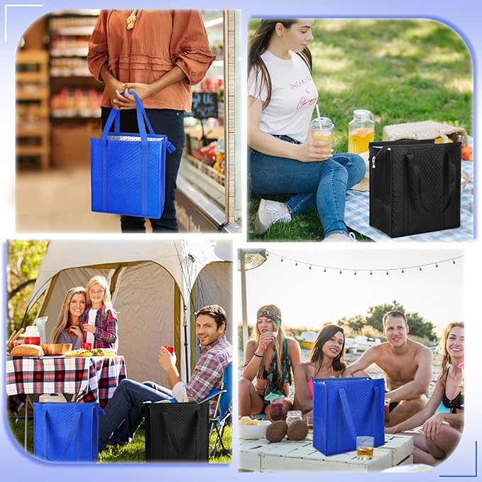 10 Pack Large Insulated Grocery Bags Reusable Shopping Bags with Zippered Top 13 x 12 x 7 Inch Thermal Cooler Totes Bulk with Handles for Hot Cold Food Delivery Refrigerator(Blue and Black)