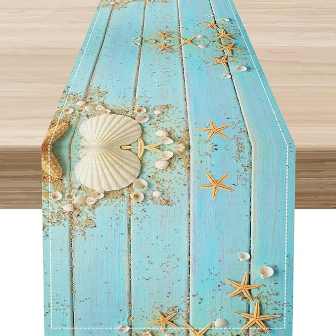 Summer Table Runner, Rustic Blue Teal Wood Beach Starfish Seashells Coastal Nautical Tropical Ocean Farmhouse Coffee Table Center Decor for Home Kitchen Dining Patio Indoor Outdoor, 13"x72" Inch