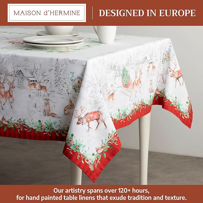 Maison d' Hermine Table Cloth Rectangle Table 100% Cotton 70 x 108 Inches Fall Tablecloth Reusable Everyday Use for Thanksgiving Christmas Decorations Dining Farmhouse Party (Christmas Tradition)