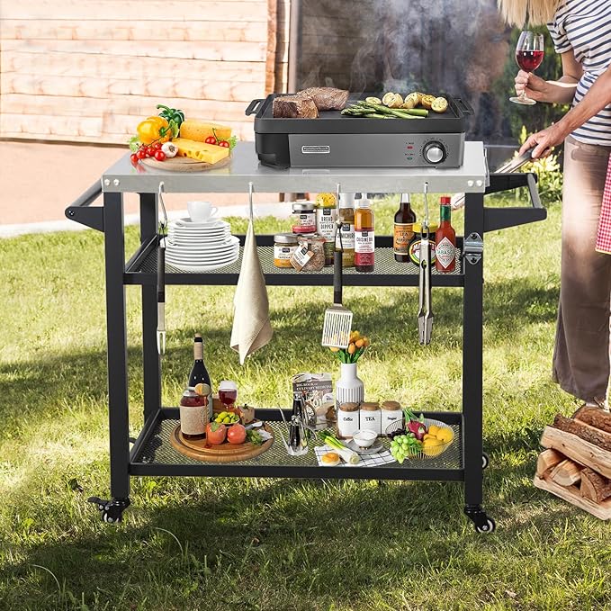Domi 3-Tier Outdoor BBQ Grill Cart with Lockable Wheels | Portable Pizza Oven Stand & Food Prep Station | with Stainless Steel Tabletop & Propane Tanks | All-Weather Patio Cooking Center