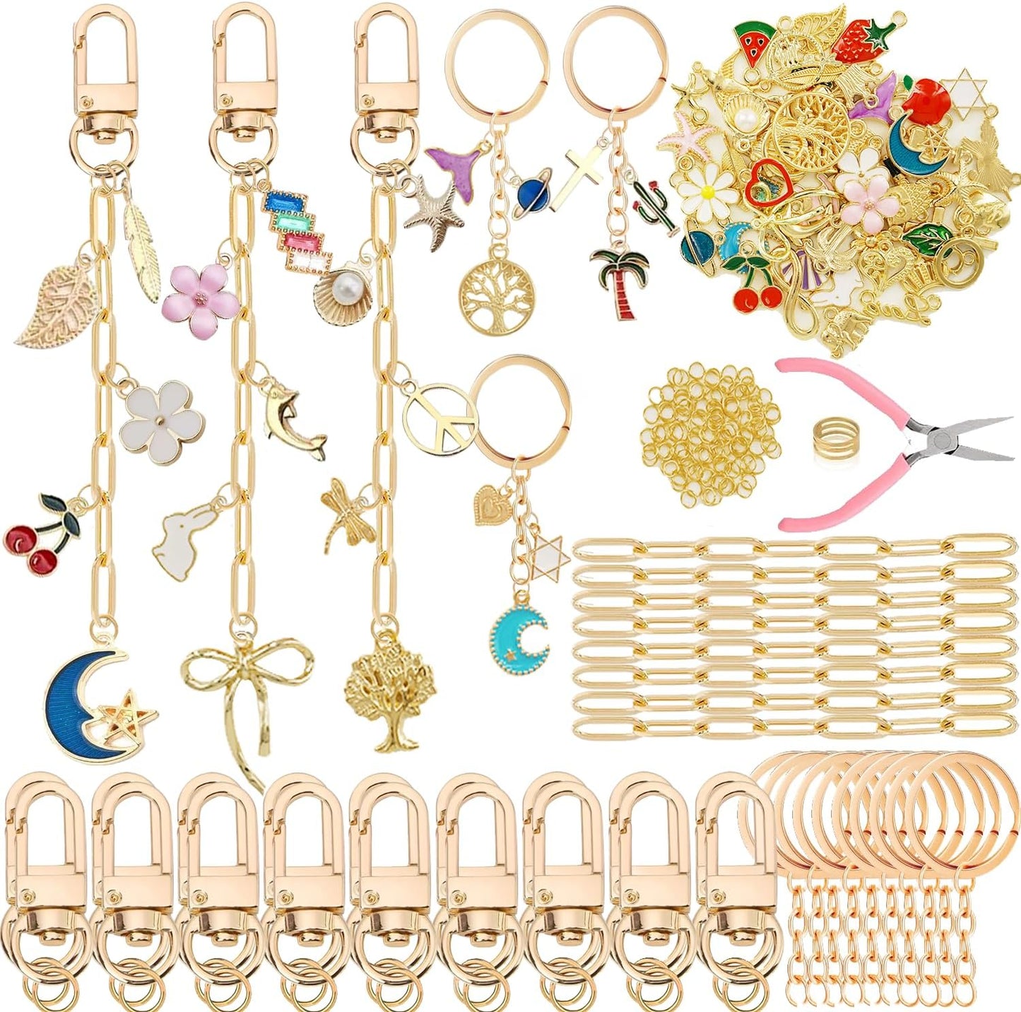 MORWLAT 358 PCS Gold DIY Keychain Making Kit Cute Bag Charm Kit 110 Charms 28 Keychain Clips with Key Ring Swivel Snap Hook Lobster Claw Clasps 200 Jump Ring Jewelry Plier DIY Set Women Craft (110)