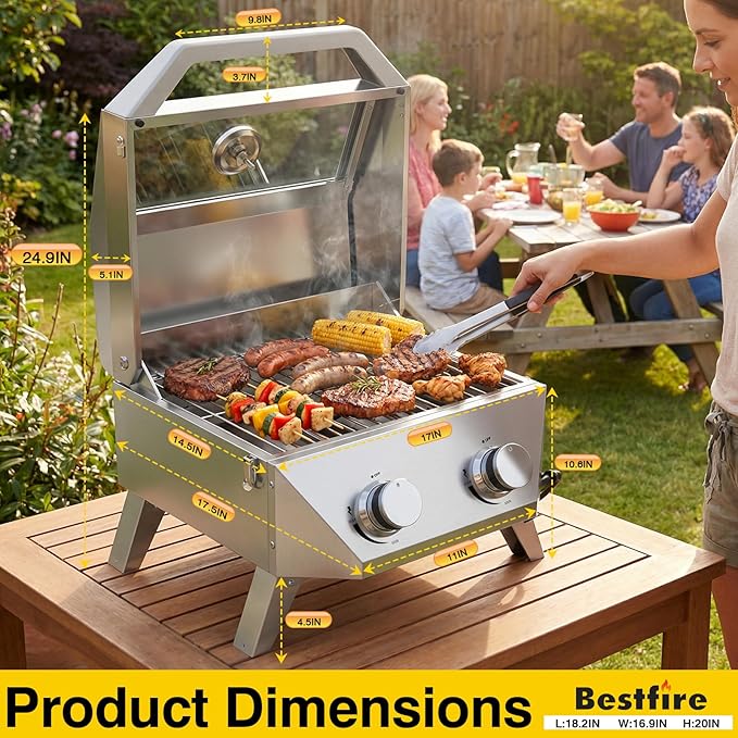 BESTFIRE 2-Burner Tabletop Propane Grill, 20000 BTU Stainless Steel Portable BBQ with Viewing Glass Lid, Built-in Thermometer & Push-Button Ignition for Patio, Camping, RV & Tailgating