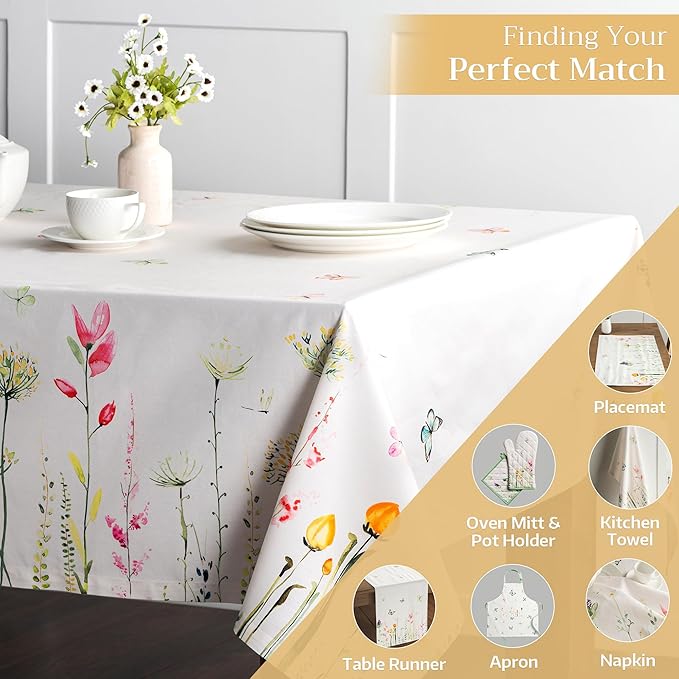 Maison d' Hermine Table Cloth Rectangle Table 100% Cotton 60 x 120 Inches Tablecloth Reusable Decorative for Dining Room, Farmhouse, Home, Party, Festive & Wedding Spring Summer - Botanical Fresh