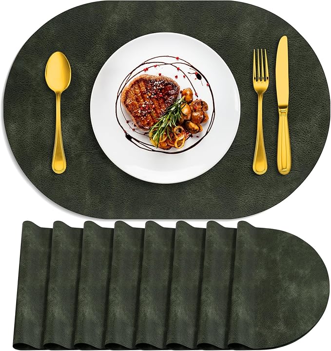 ADRIMER Placemats, Heat Resistant Oval Placemats Set of 8 Washable 12 x 17 Inch, Waterproof Table Mats, Wipeable Pu Place Mats for Kitchen, Dining Room, Olive Green