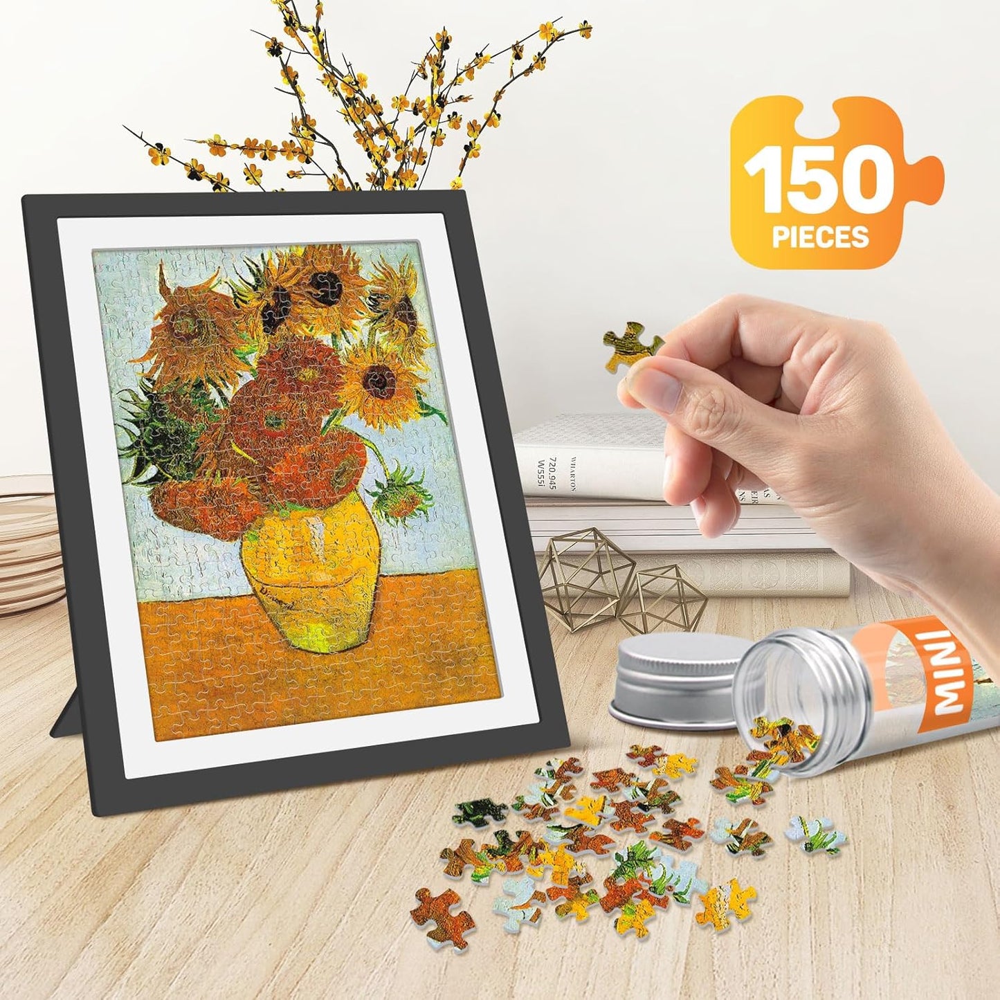 150 Puzzles Mini Jigsaw for Adults & Kids, 6 x 4 Small Capsule Tube Sets - Starry Night Mona Lisa Sunflower Pack