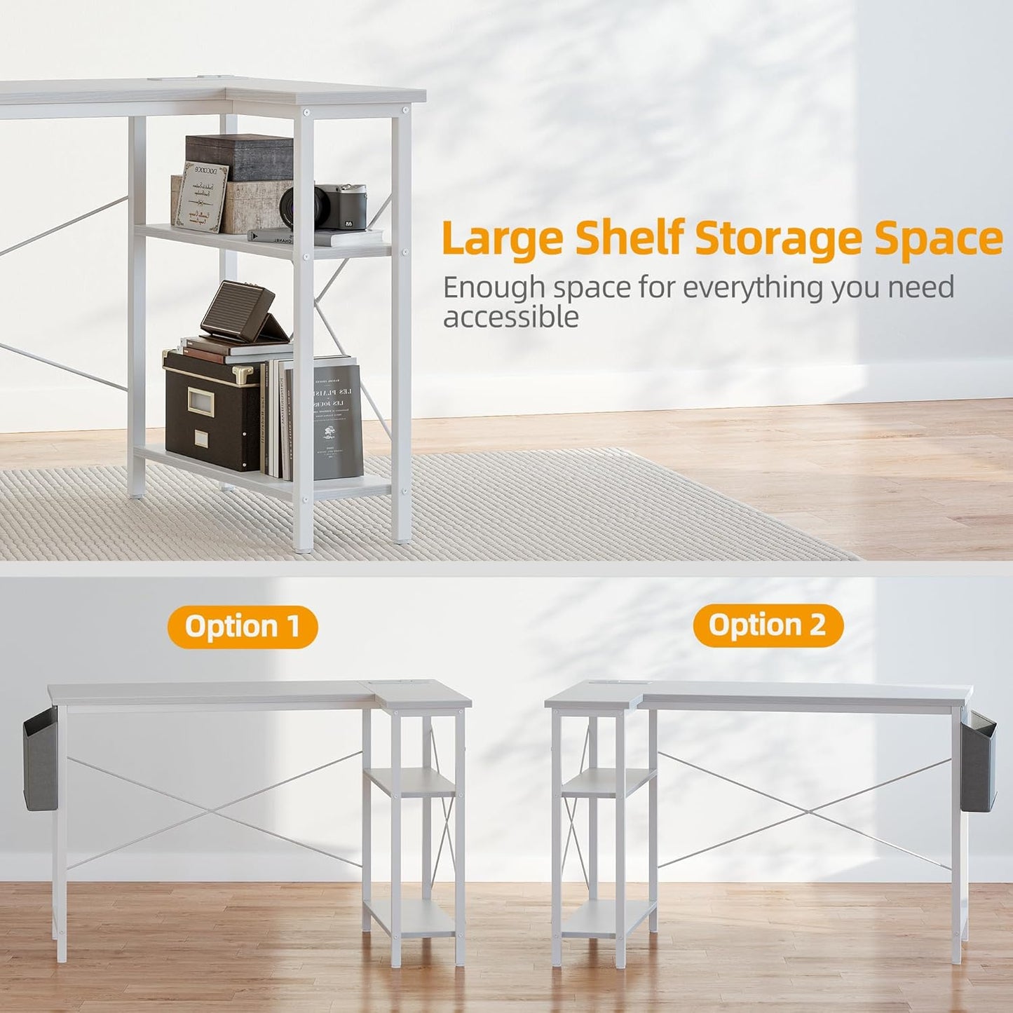 TIQLAB L Shaped Computer Desk with Power Outlets, 47 Inch Small Corner Desk with Reversible Shelves, Gaming Desk Computer Table Study Writing Desk for Home Office Small Space, White