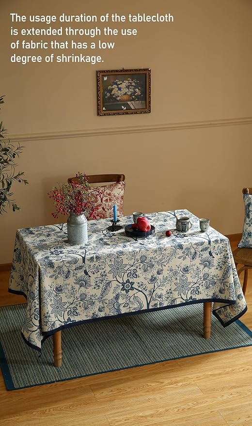 ISAENNE Designer French Linen Extra Long Rectangle Tablecloth,Blue Floral Washable Indoor Table Cloth,Durable Home Decor Tablecloths for Dining Thanksgiving Kitchen Party,67"*118"-Ruyi B