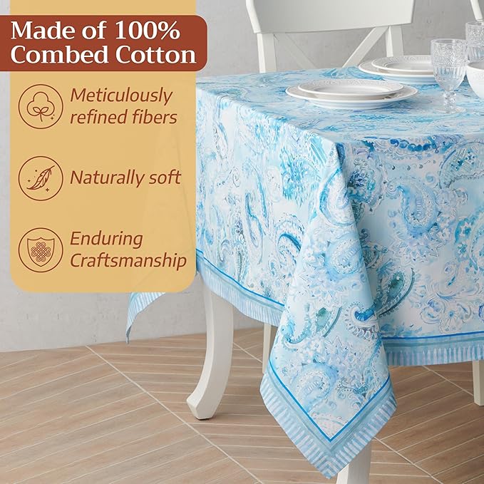 Maison d' Hermine Premium Table Cloth Rectangle Table 100% Combed Cotton 90 x 70 Inches Tablecloth Reusable Decorative for Dining Room, Farmhouse, Home, Party, Festive & Wedding - Paisley Blues