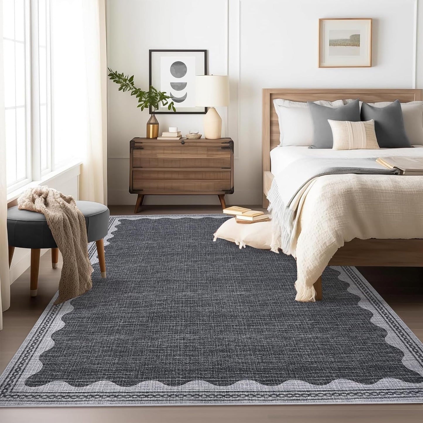 Scalloped Washable Rug 5x7 Area Rugs for Living Room, Solid Grey Rug for Bedroom Girls, Non Slip Scalloped Throw Mat with Rubber Back, Soft Dorm Nursery Low Pile Carpet for Dining Room