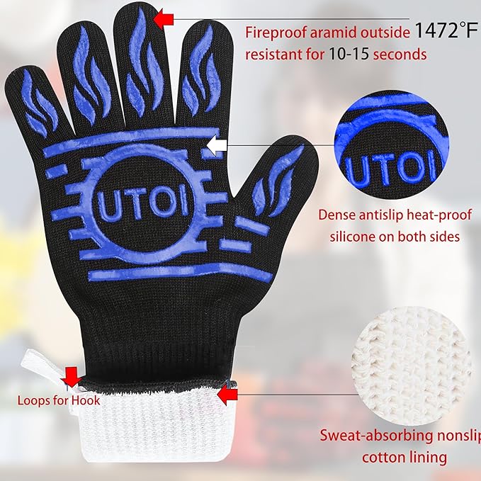 BBQ Gloves, 1472°F Heat Resistant Grilling Gloves, Silicone Non-Slip Long Cooking Gloves for Kitchen, Oven, Baking, Campfire and Smoker, EN407 Certified, Blue, XL Size, 1 Pair