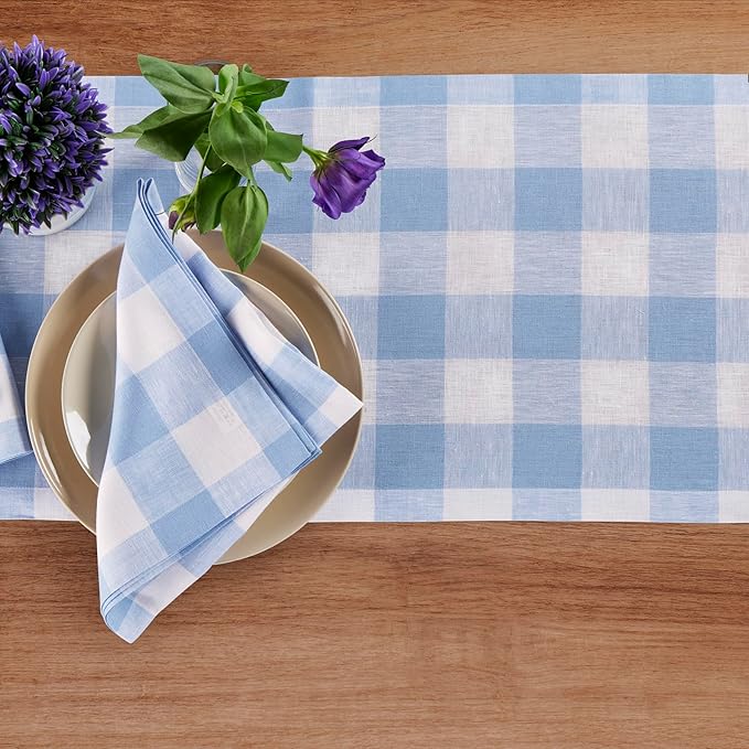 Solino Home Linen Checkered Table Runner 132 Inches Long - 100% Pure Linen Buffalo Check Chambray Blue and White Table Runner 14 x 132 Inch Ideal for Dining, Winter, Spring, Easter
