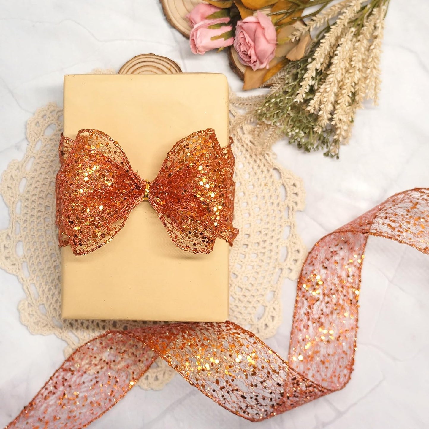 CT CRAFT LLC Sparkling Glitter Mesh Wired Ribbon 4" x 10 Yards Bronze Orange for Christmas Home Decor Bow Gift Wrapping DIY Crafts Wreath