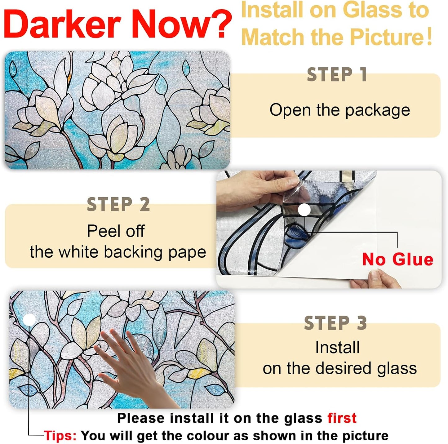 3D Stained Glass Window Privacy Film, Heat Control UV Blocking Static Cling Decorative Window Film for Bathroom,Front Door,Home Non Adhesive,23.6 x 39.3 inches Magnolia