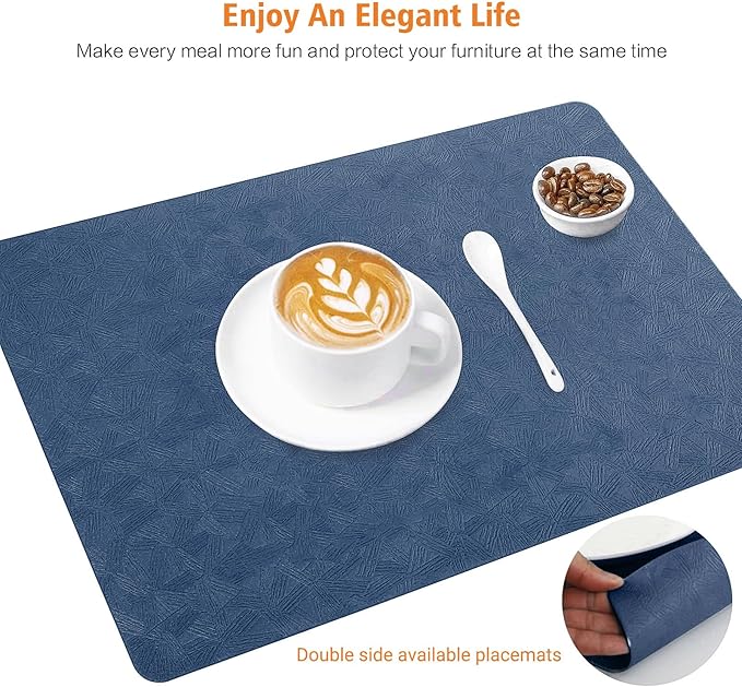 Vinyl Placemats Set of 6 Heat Resistant Easy Clean Non-Slip Place Mats for Dining Table. Faux Leather Waterproof Stain Resistant Wipeable Washable PU Table Mats(6, Blue)