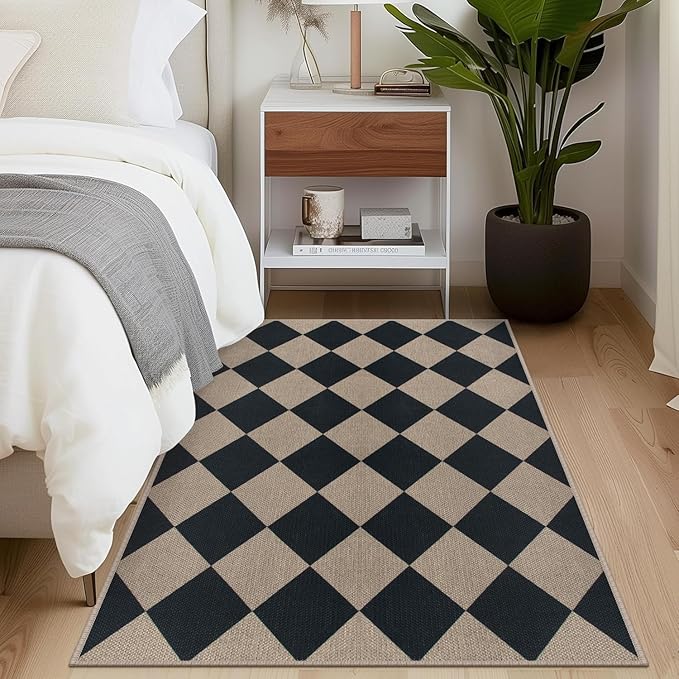 Easy Jute Checkered Area Rug, 3x5 Indoor Outdoor Door Mat Washable Black Modern Diamond Kitchen Rugs, Non-Slip Neutral Farmhouse Throw Carpet for Living Room Patio Kids Room