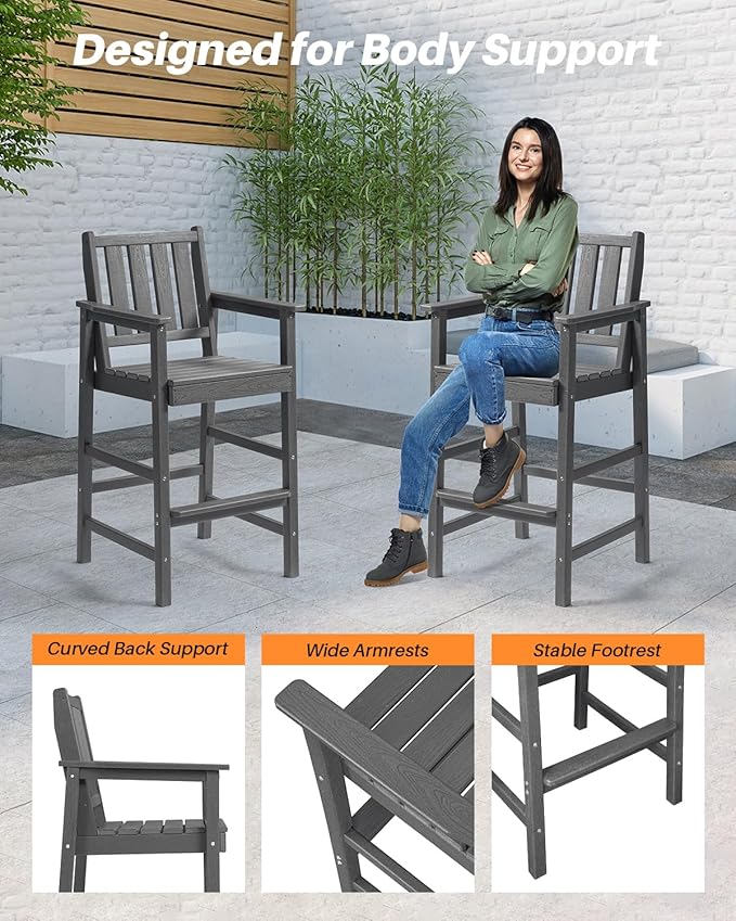 3-Piece Adirondack Chairs and Table Set, HDPE Patio Bar Sets, All Weather Outdoor Bar Stools Set, HDPE Adirondack Bar Height Chairs and Bar Table for Balcony, Pool, Porch, Smoke Gray